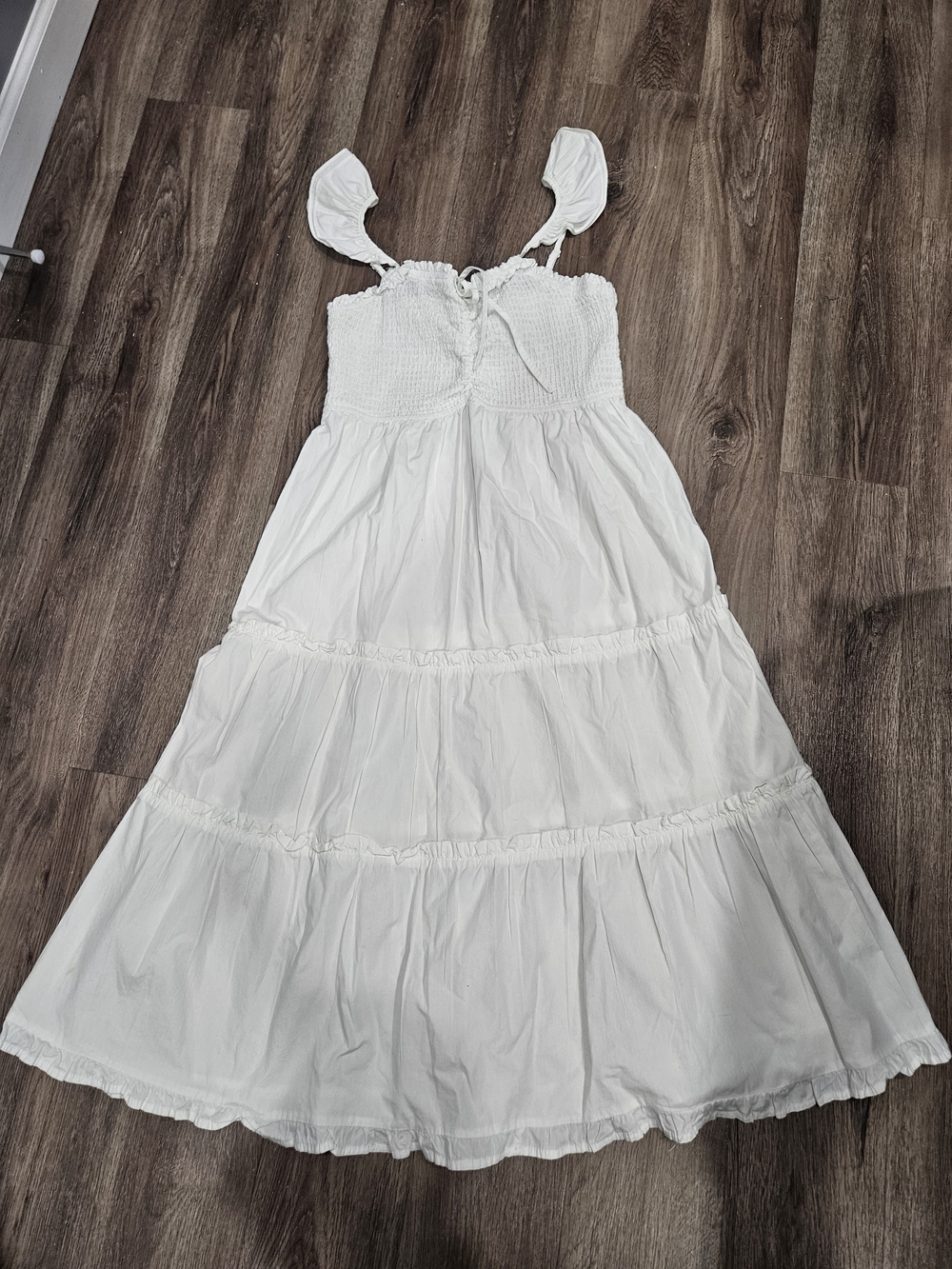Planet Gold White Tiered Smocked Midi Dress with Tie Straps